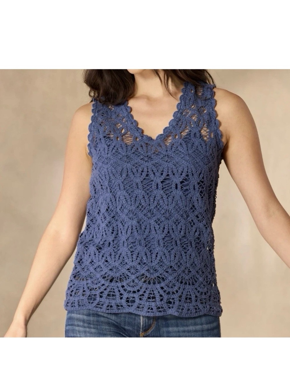 Sundance Khloe Lace Crochet Tank Top With Cami Blue Cotton Scalloped Size L